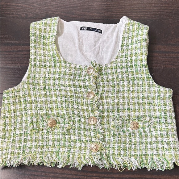 Zara Tops - Zara White and Green Tweed Vest with Gold Accents